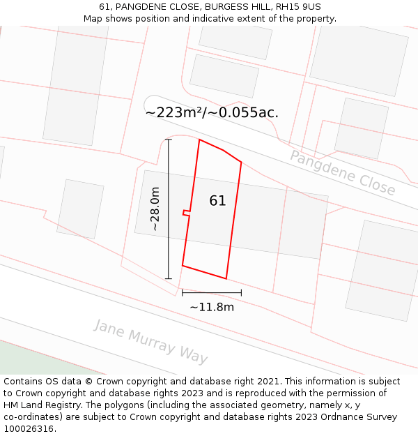 61, PANGDENE CLOSE, BURGESS HILL, RH15 9US: Plot and title map