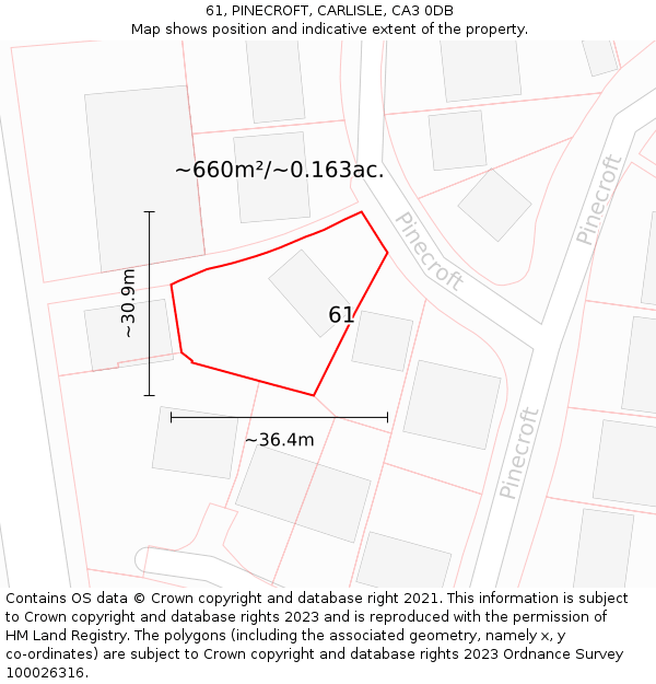 61, PINECROFT, CARLISLE, CA3 0DB: Plot and title map