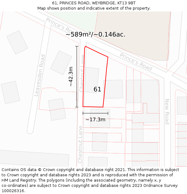 61, PRINCES ROAD, WEYBRIDGE, KT13 9BT: Plot and title map