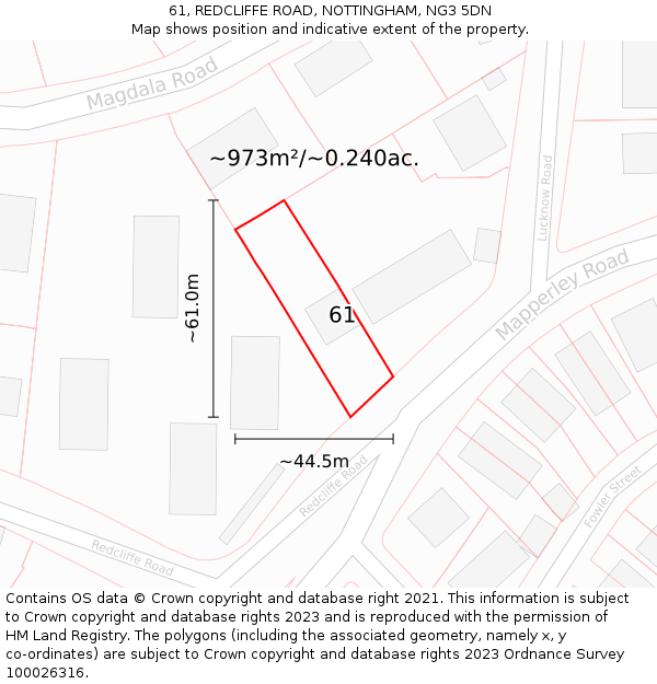 61, REDCLIFFE ROAD, NOTTINGHAM, NG3 5DN: Plot and title map