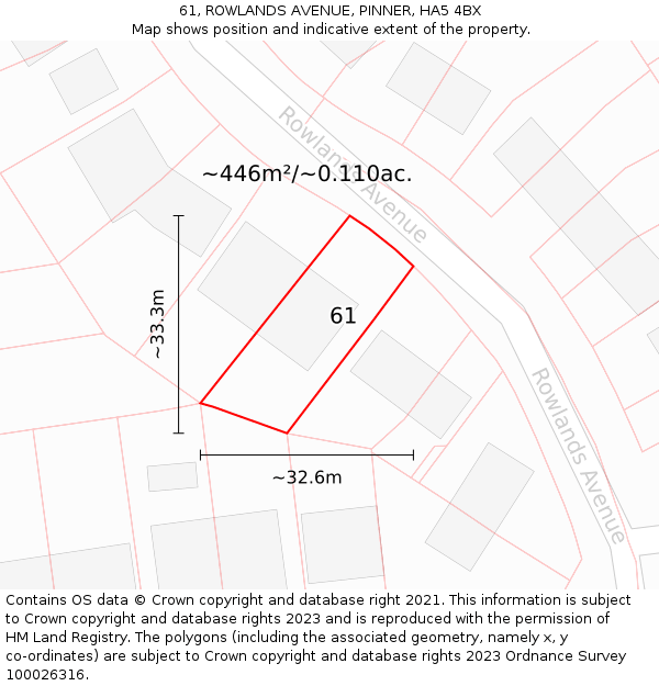 61, ROWLANDS AVENUE, PINNER, HA5 4BX: Plot and title map