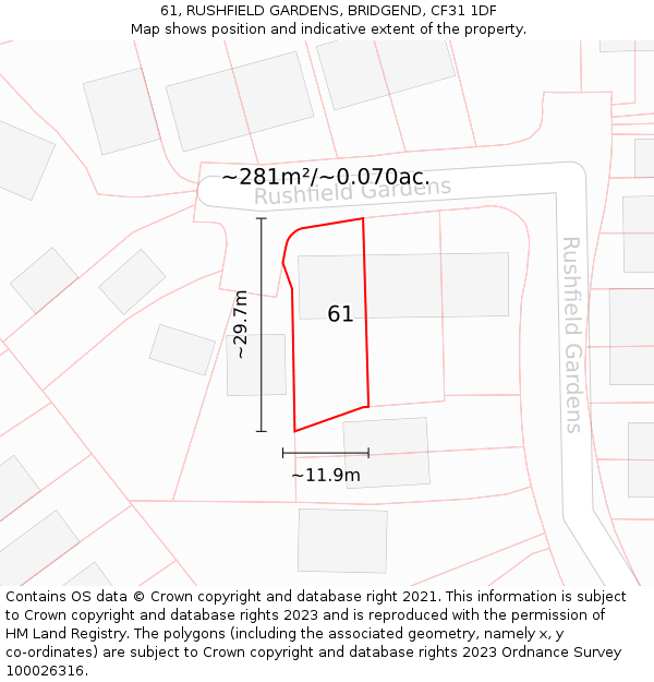 61, RUSHFIELD GARDENS, BRIDGEND, CF31 1DF: Plot and title map