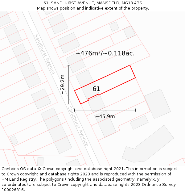 61, SANDHURST AVENUE, MANSFIELD, NG18 4BS: Plot and title map
