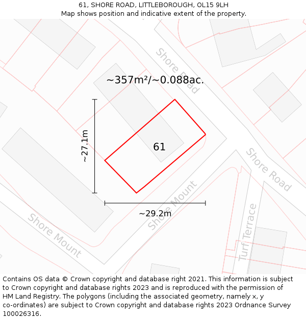 61, SHORE ROAD, LITTLEBOROUGH, OL15 9LH: Plot and title map