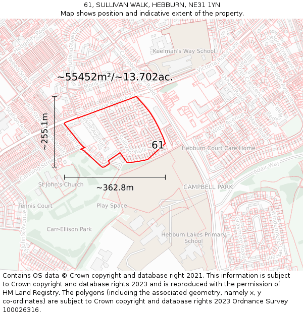 61, SULLIVAN WALK, HEBBURN, NE31 1YN: Plot and title map