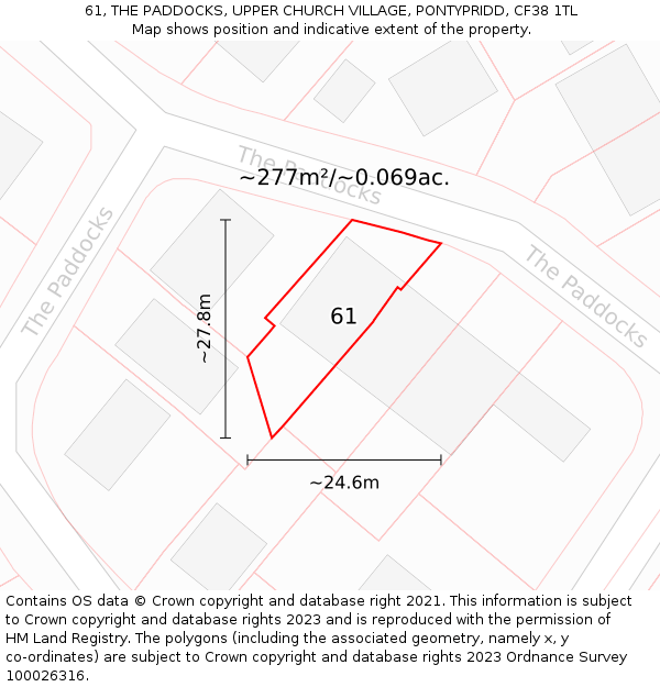 61, THE PADDOCKS, UPPER CHURCH VILLAGE, PONTYPRIDD, CF38 1TL: Plot and title map