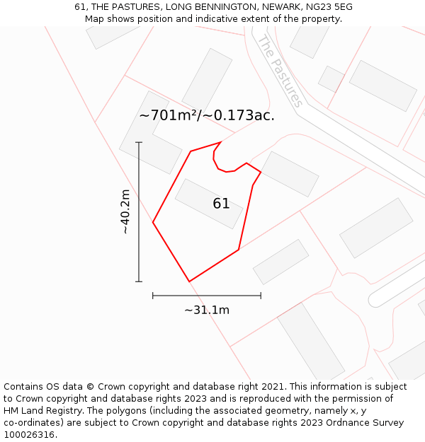 61, THE PASTURES, LONG BENNINGTON, NEWARK, NG23 5EG: Plot and title map