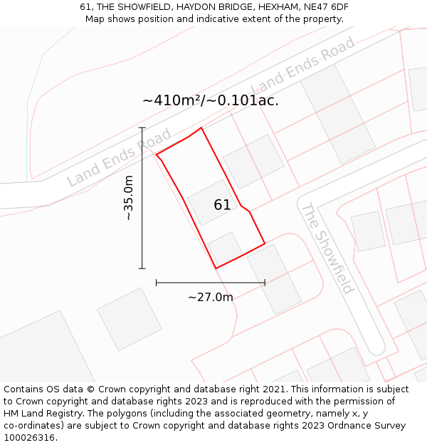 61, THE SHOWFIELD, HAYDON BRIDGE, HEXHAM, NE47 6DF: Plot and title map