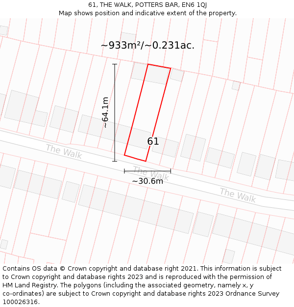 61, THE WALK, POTTERS BAR, EN6 1QJ: Plot and title map