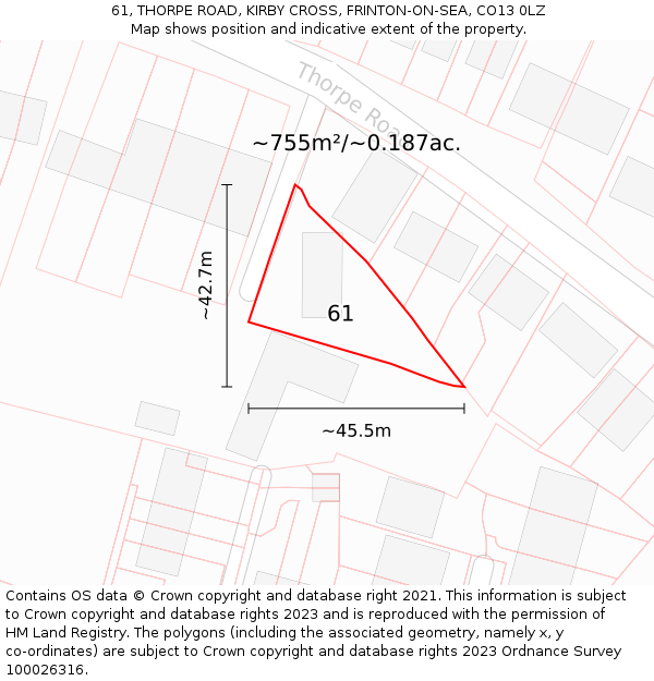 61, THORPE ROAD, KIRBY CROSS, FRINTON-ON-SEA, CO13 0LZ: Plot and title map