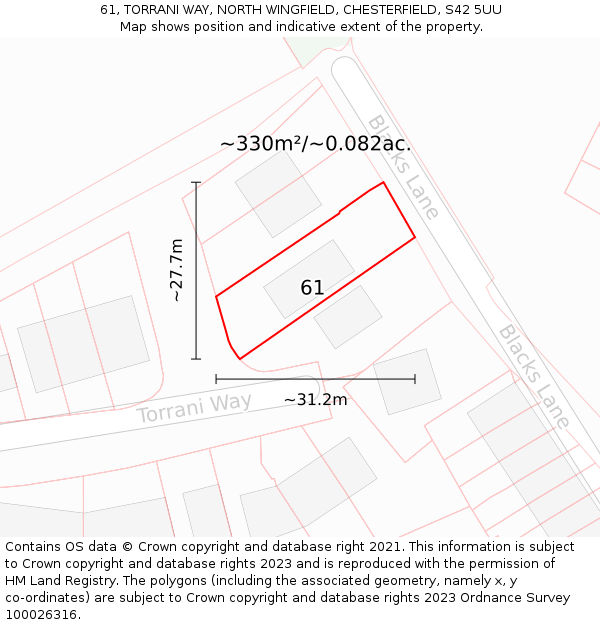 61, TORRANI WAY, NORTH WINGFIELD, CHESTERFIELD, S42 5UU: Plot and title map