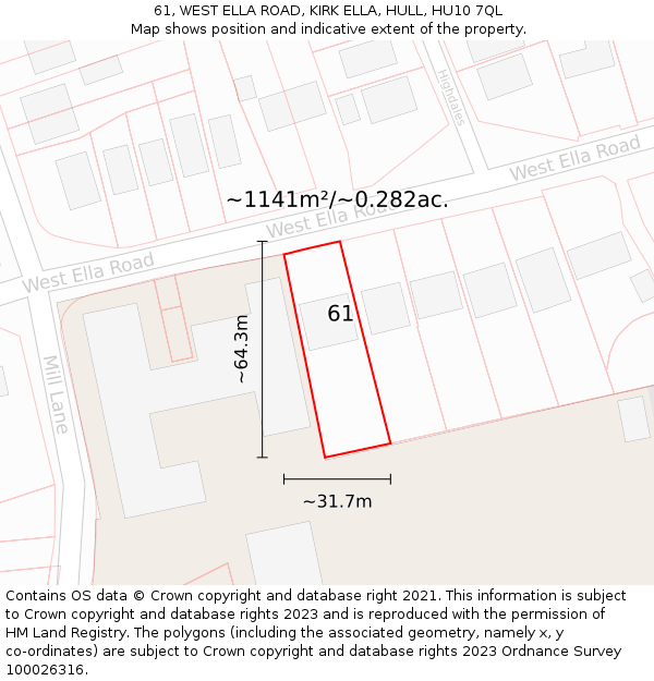 61, WEST ELLA ROAD, KIRK ELLA, HULL, HU10 7QL: Plot and title map