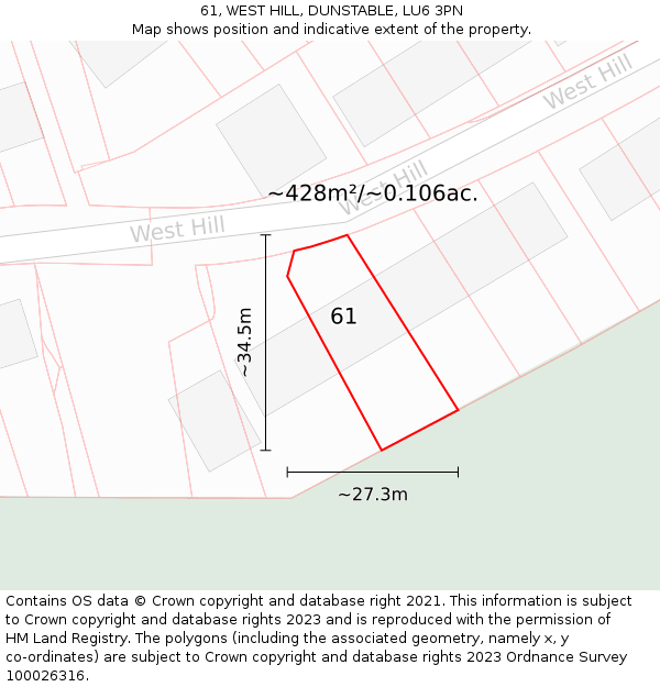 61, WEST HILL, DUNSTABLE, LU6 3PN: Plot and title map