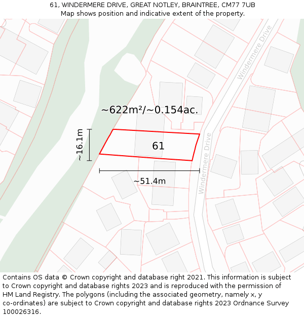 61, WINDERMERE DRIVE, GREAT NOTLEY, BRAINTREE, CM77 7UB: Plot and title map