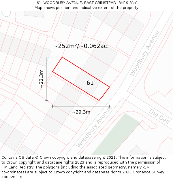 61, WOODBURY AVENUE, EAST GRINSTEAD, RH19 3NY: Plot and title map