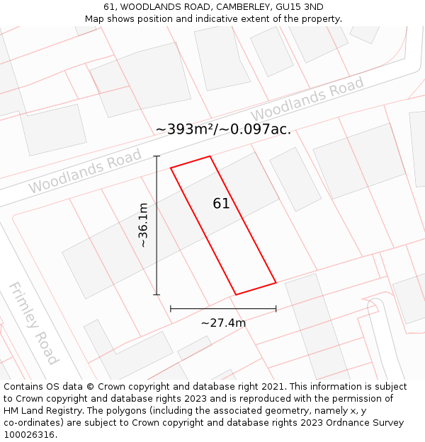 61, WOODLANDS ROAD, CAMBERLEY, GU15 3ND: Plot and title map