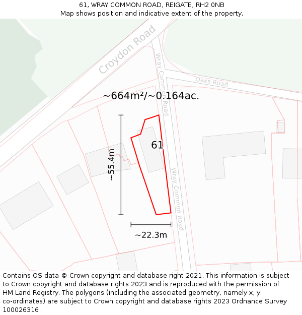 61, WRAY COMMON ROAD, REIGATE, RH2 0NB: Plot and title map