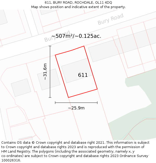 611, BURY ROAD, ROCHDALE, OL11 4DQ: Plot and title map