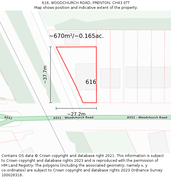 616, WOODCHURCH ROAD, PRENTON, CH43 0TT: Plot and title map