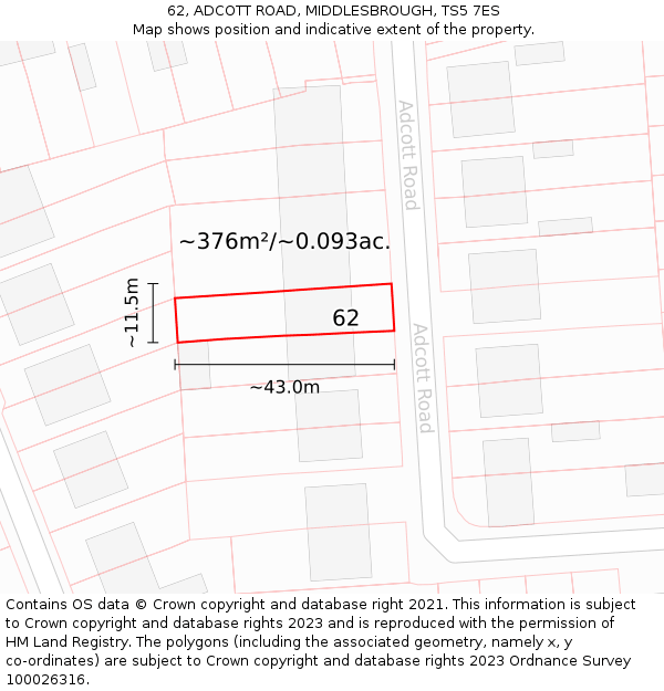 62, ADCOTT ROAD, MIDDLESBROUGH, TS5 7ES: Plot and title map