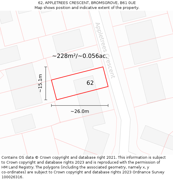 62, APPLETREES CRESCENT, BROMSGROVE, B61 0UE: Plot and title map