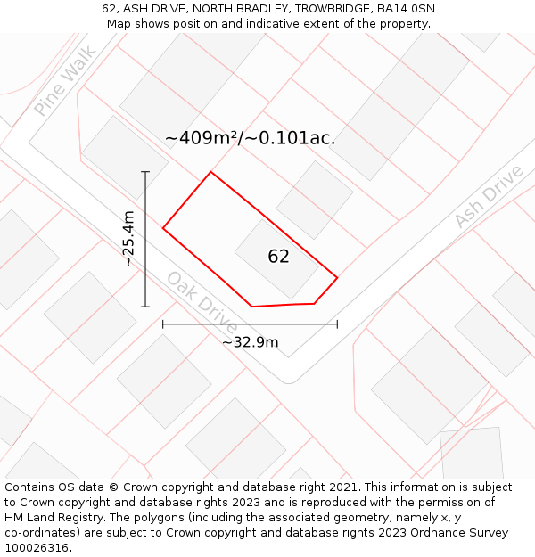 62, ASH DRIVE, NORTH BRADLEY, TROWBRIDGE, BA14 0SN: Plot and title map