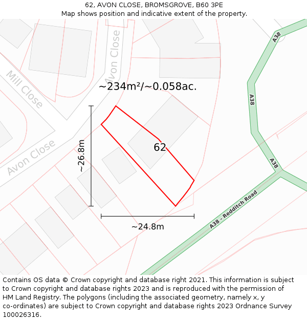 62, AVON CLOSE, BROMSGROVE, B60 3PE: Plot and title map