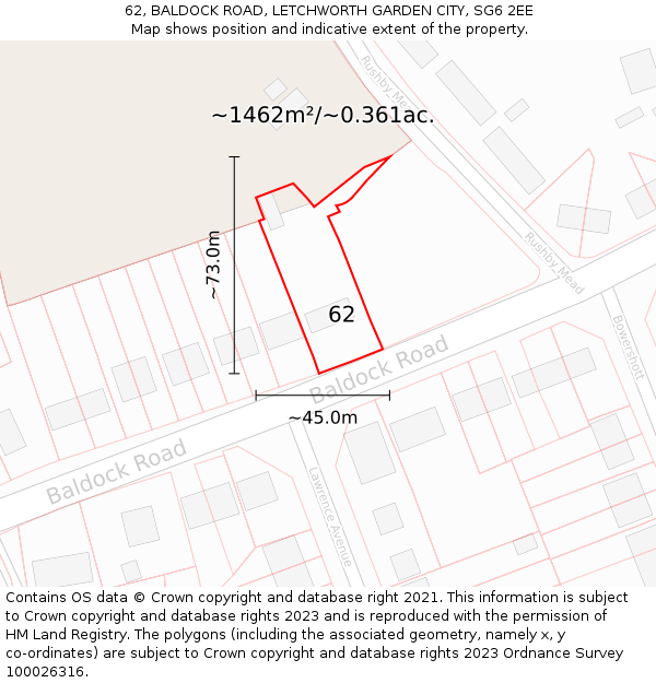 62, BALDOCK ROAD, LETCHWORTH GARDEN CITY, SG6 2EE: Plot and title map