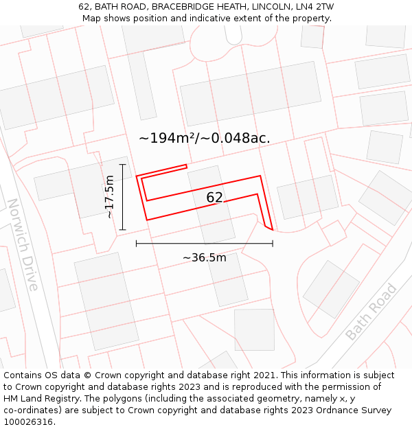 62, BATH ROAD, BRACEBRIDGE HEATH, LINCOLN, LN4 2TW: Plot and title map