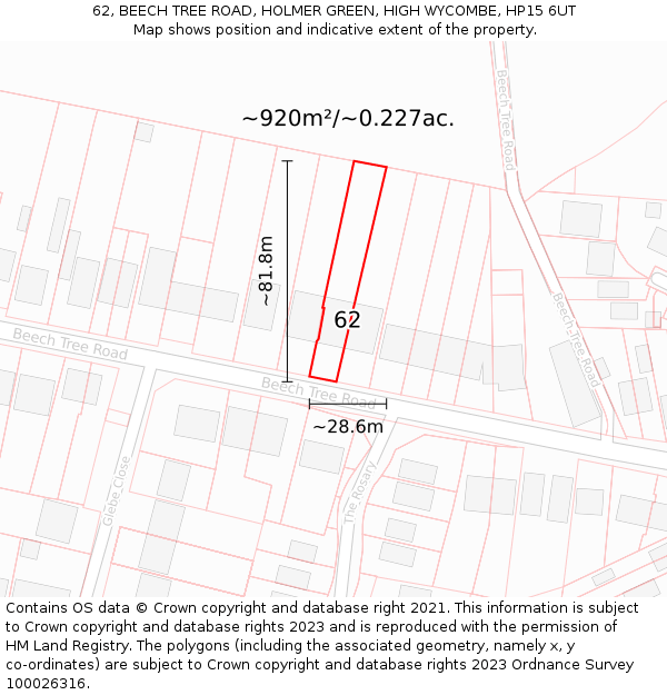 62, BEECH TREE ROAD, HOLMER GREEN, HIGH WYCOMBE, HP15 6UT: Plot and title map