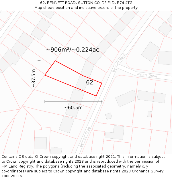 62, BENNETT ROAD, SUTTON COLDFIELD, B74 4TG: Plot and title map