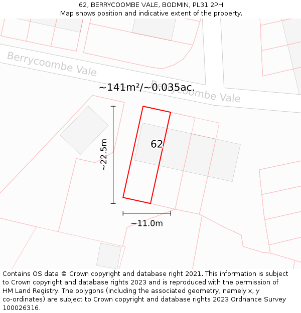 62, BERRYCOOMBE VALE, BODMIN, PL31 2PH: Plot and title map