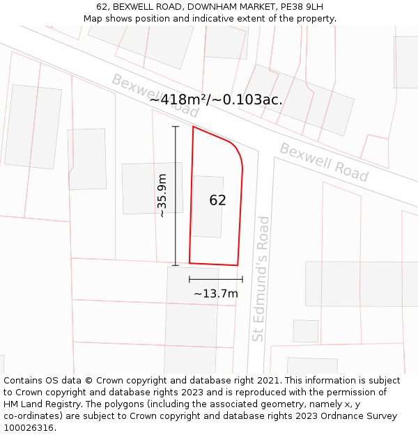 62, BEXWELL ROAD, DOWNHAM MARKET, PE38 9LH: Plot and title map