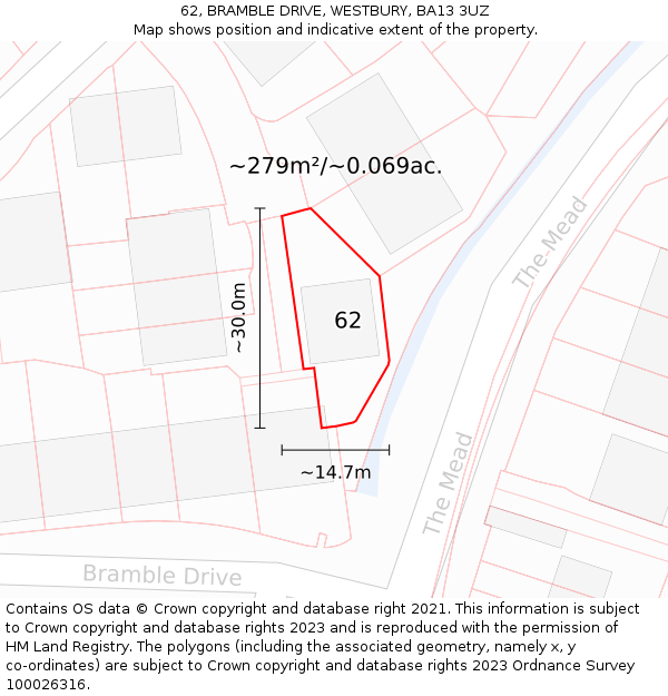 62, BRAMBLE DRIVE, WESTBURY, BA13 3UZ: Plot and title map