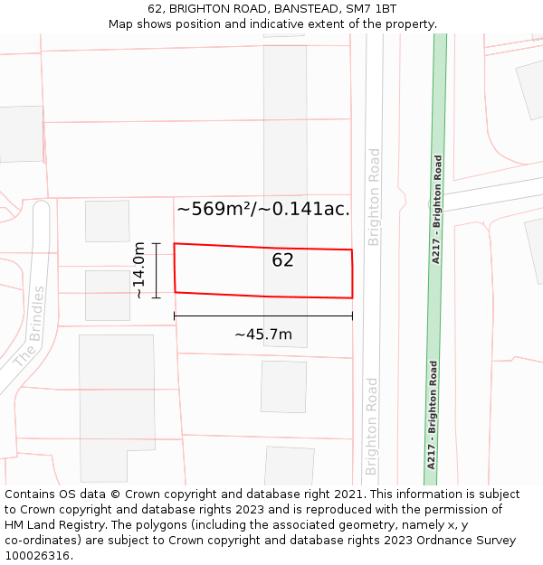 62, BRIGHTON ROAD, BANSTEAD, SM7 1BT: Plot and title map