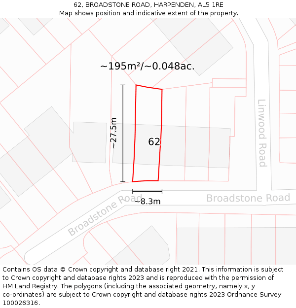 62, BROADSTONE ROAD, HARPENDEN, AL5 1RE: Plot and title map