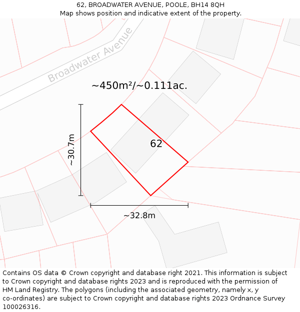 62, BROADWATER AVENUE, POOLE, BH14 8QH: Plot and title map