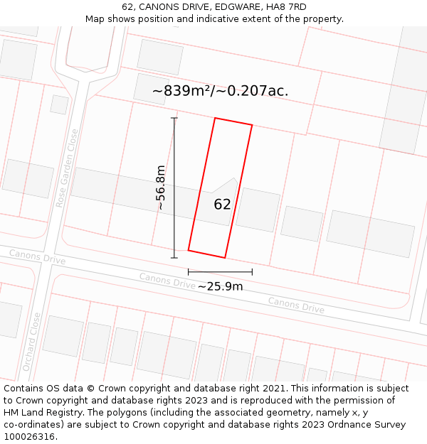 62, CANONS DRIVE, EDGWARE, HA8 7RD: Plot and title map