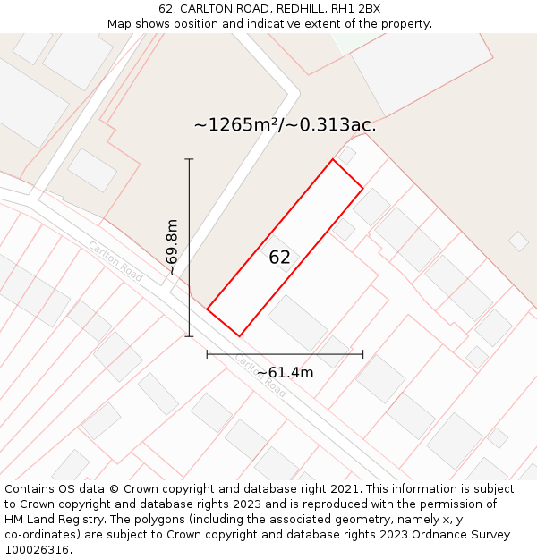 62, CARLTON ROAD, REDHILL, RH1 2BX: Plot and title map