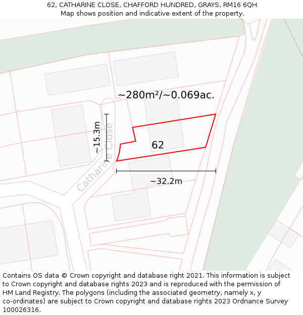 62, CATHARINE CLOSE, CHAFFORD HUNDRED, GRAYS, RM16 6QH: Plot and title map