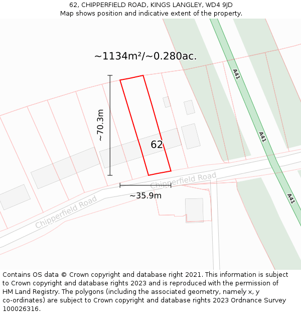 62, CHIPPERFIELD ROAD, KINGS LANGLEY, WD4 9JD: Plot and title map