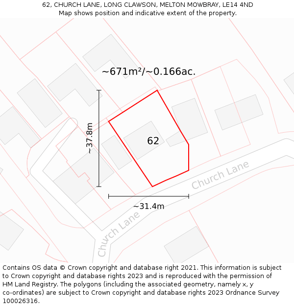 62, CHURCH LANE, LONG CLAWSON, MELTON MOWBRAY, LE14 4ND: Plot and title map