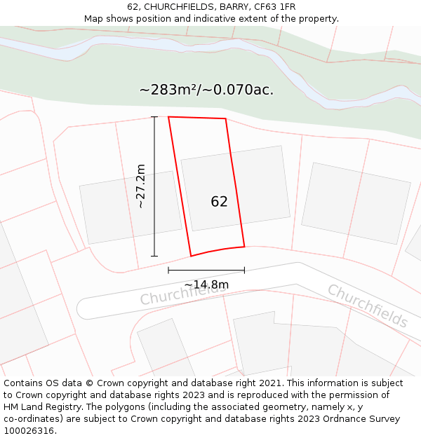 62, CHURCHFIELDS, BARRY, CF63 1FR: Plot and title map