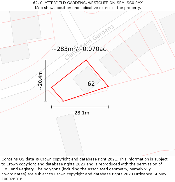 62, CLATTERFIELD GARDENS, WESTCLIFF-ON-SEA, SS0 0AX: Plot and title map
