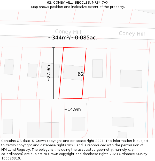 62, CONEY HILL, BECCLES, NR34 7AX: Plot and title map