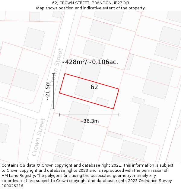 62, CROWN STREET, BRANDON, IP27 0JR: Plot and title map