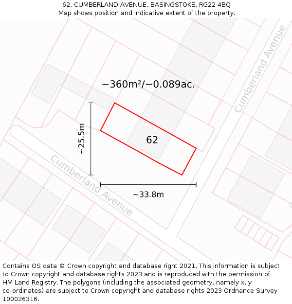 62, CUMBERLAND AVENUE, BASINGSTOKE, RG22 4BQ: Plot and title map