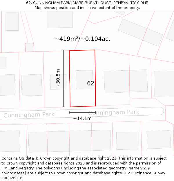 62, CUNNINGHAM PARK, MABE BURNTHOUSE, PENRYN, TR10 9HB: Plot and title map