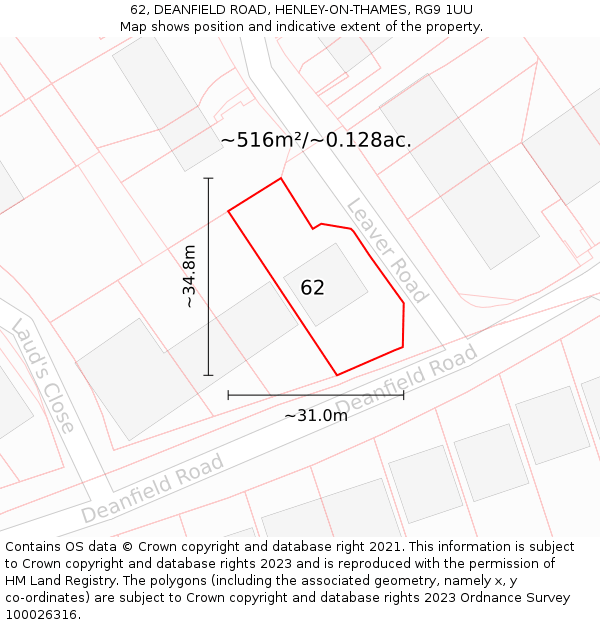 62, DEANFIELD ROAD, HENLEY-ON-THAMES, RG9 1UU: Plot and title map