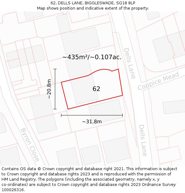 62, DELLS LANE, BIGGLESWADE, SG18 8LP: Plot and title map